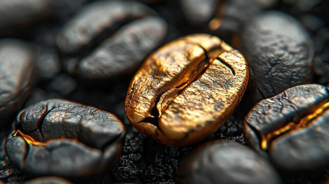   A zoomed-in photo of a single coffee bean on top of a mound of coffee beans, covered in gold foil