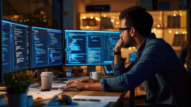 A software developer works on code late into the night, illuminated by the glow of multiple computer screens in a modern office. AIG41