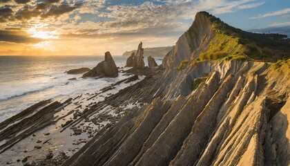 flysch rock formations and sea at sunset guipuzcoa spain