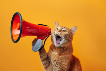 Fototapeta premium photo of ginger cat holding megaphone and shouting, funny animal concept 