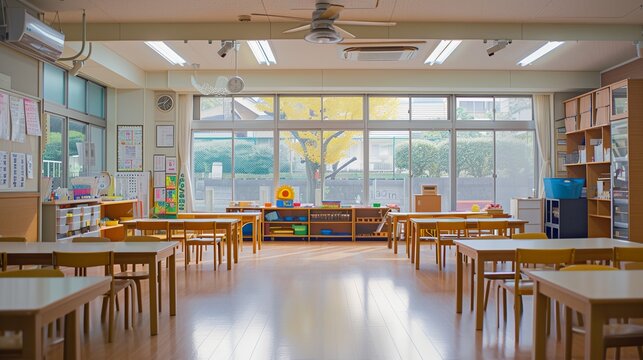 a classroom with tables and chairs and a book shelf