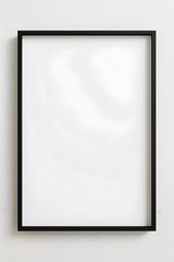 Home interior poster mock up frame on white walls. Empty poster mock up. Empty Space for canvas with thin black frame. Minimalistic sunlit interior with poster mock up.