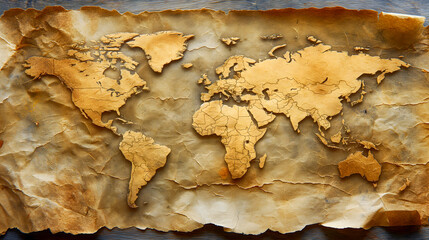 Old paper map of the world on a wooden background. Sepia tone.