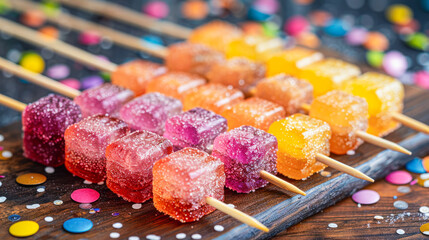 Arrangement of colorful gummy candy kabobs on a rustic wooden table sprinkled with bright confetti, perfect for festive occasions, culinary blogs and party organizer sites