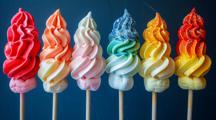 Colorful marshmallow swirl kabobs on blue background. Good for culinary blogs and to children party organizer sites, parties and family events