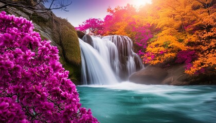 fantasy waterfall with autumn trees and beautiful flowers idyllic landscape