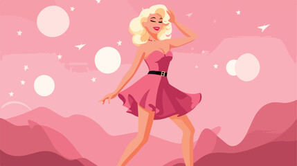 Pretty blond woman in pink dress retro disco dancer