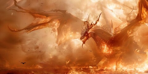 A malevolent dragon with blazing horns and wings emerges from the depths of hell. Concept Fantasy Creatures, Malevolent Dragon, Infernal Imagery, Blazing Horns, Dark Fantasy