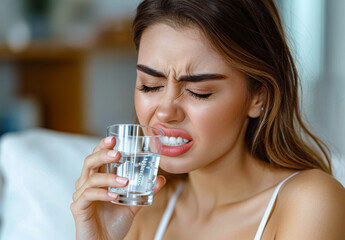 Young woman is sick with sore throat she is holding glass of water and touching her face