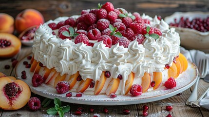   A cake with white frosting, adorned with raspberries and peaches, sits on a plate alongside...