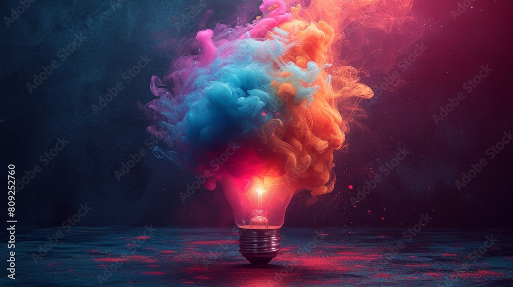 Poster light bulb with colorful smoke explosion on dark background