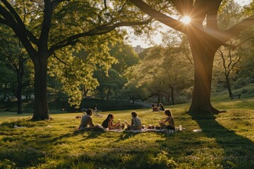 A group of people are sitting in a park under a tree