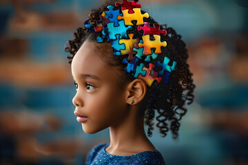 Side profile of a child with a puzzle brain, representing concepts like mental health, neurology, and cognitive development.