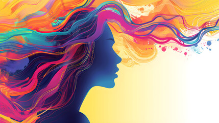 Abstract colorful lines radiate from a woman's profile in this vibrant design, ideal for neurodiversity month themes or mental health awareness.