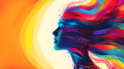 Vibrant abstract illustration of a woman's profile with colorful lines radiating from it, suitable for neurodiversity awareness events.