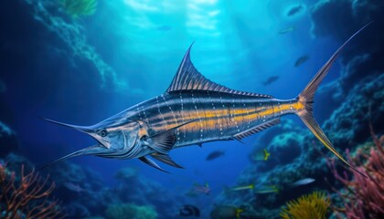 Fototapeta premium Giant Marlin fish in the ocean, beautiful view of marlin fish in the blue ocean