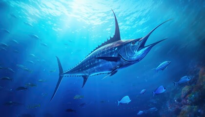 Fototapeta premium Giant Marlin fish in the ocean, beautiful view of marlin fish in the blue ocean