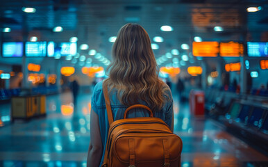 Young woman with backpack standing in the international airport looking at the flight information...
