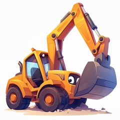 An orange cartoon excavator, depicted in a playful pose, designed to delight and educate children about construction machinery - obrazy, fototapety, plakaty