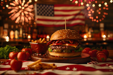 Burgers on a wooden board in pub, barbecue with American flag, beer and fireworks in the...