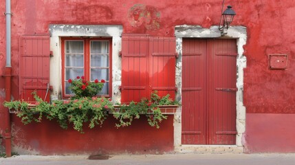 red window shutters adorning a stone house, accompanied by a potted white flower near a vibrant red door, against a backdrop of a grey wall, showcasing the allure of bright color elements.
