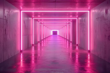 An empty underground pink room like tunnel with bare walls and lighting metro