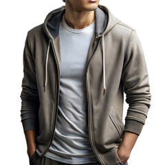 Casual Young Man in Stylish Grey Hoodie and T-Shirt Posing for Fashion