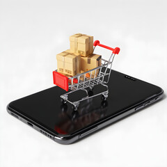 Shopping Trolley cart with parcel boxes on mobile smartphone Online ecommerce internet digital business concept on white background