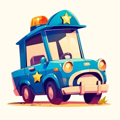 Engaging and friendly cartoon police car in blue, decorated with a star, suitable for educational content about safety and community services