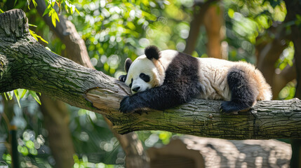 Obraz premium Tranquil ambiance emanates from the image of a panda sound asleep in its natural habitat.