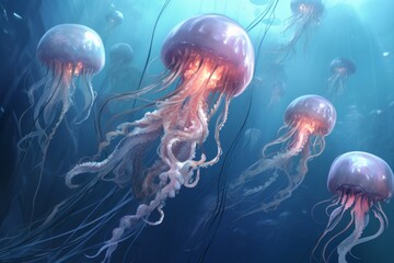 Majestic Jellyfish Floating Serenely In The Aquatic Depths Illuminated By Light. Generative AI