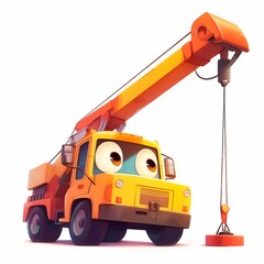 Colorful and engaging cartoon illustration of an orange and yellow crane truck with a cheerful face, perfect for kids' educational books or animations