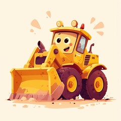 Bright and joyful illustration of a cartoon yellow bulldozer with a big smile, designed for children's educational content and animation