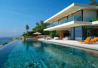 Obraz premium Modern house with pool sea view from the terrace