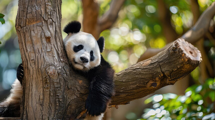 Obraz premium Tranquil and natural ambiance emanates from the image of a panda sound asleep on a tree in the forest.