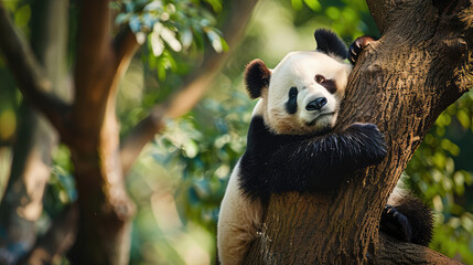 Obraz premium Adorable portrait of a panda fast asleep on a tree branch in the local zoo.