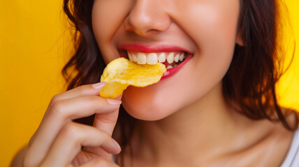 ポテトチップスを食べる女性の口元 黄色背景