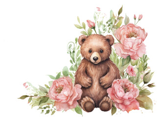 Bear Surrounded by Flowers in Watercolor