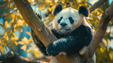 Obraz premium Captivating portrait of a panda sleeping comfortably on a tree in the city park.