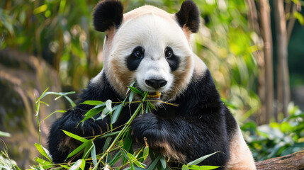 Fototapeta premium Enchanting snapshot of a panda delighting in fresh green bamboo shoots.