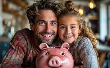 Father and daughter saving money in piggy bank.