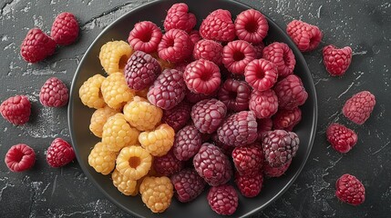   A plate of raspberries with a few scattered on a black surface
