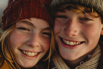 Teenage boy and girl smiling and looking at camera