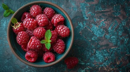  Bowl of Raspberries with Mint on Blue Background