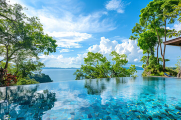 Luxury infinity pool with rainforest view below sunny blue sky