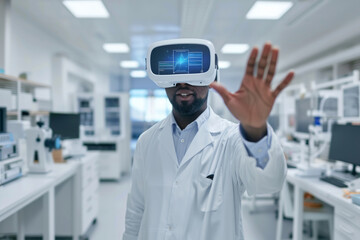 Laboratory engineer wearing professional virtual reality headset works