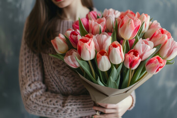 Young woman holds bouquet of tulips