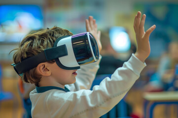 Boy wearing VR headset and reaching out while testing augmented technology in school