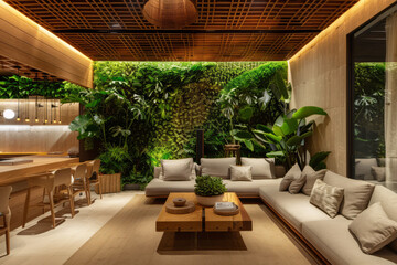 Living room in nature colors walls with lighting, wooden furniture and plants