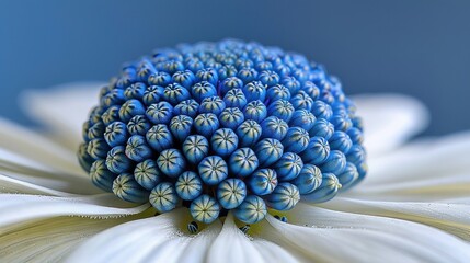   A close-up of a blue and white flower against a blue sky in the background